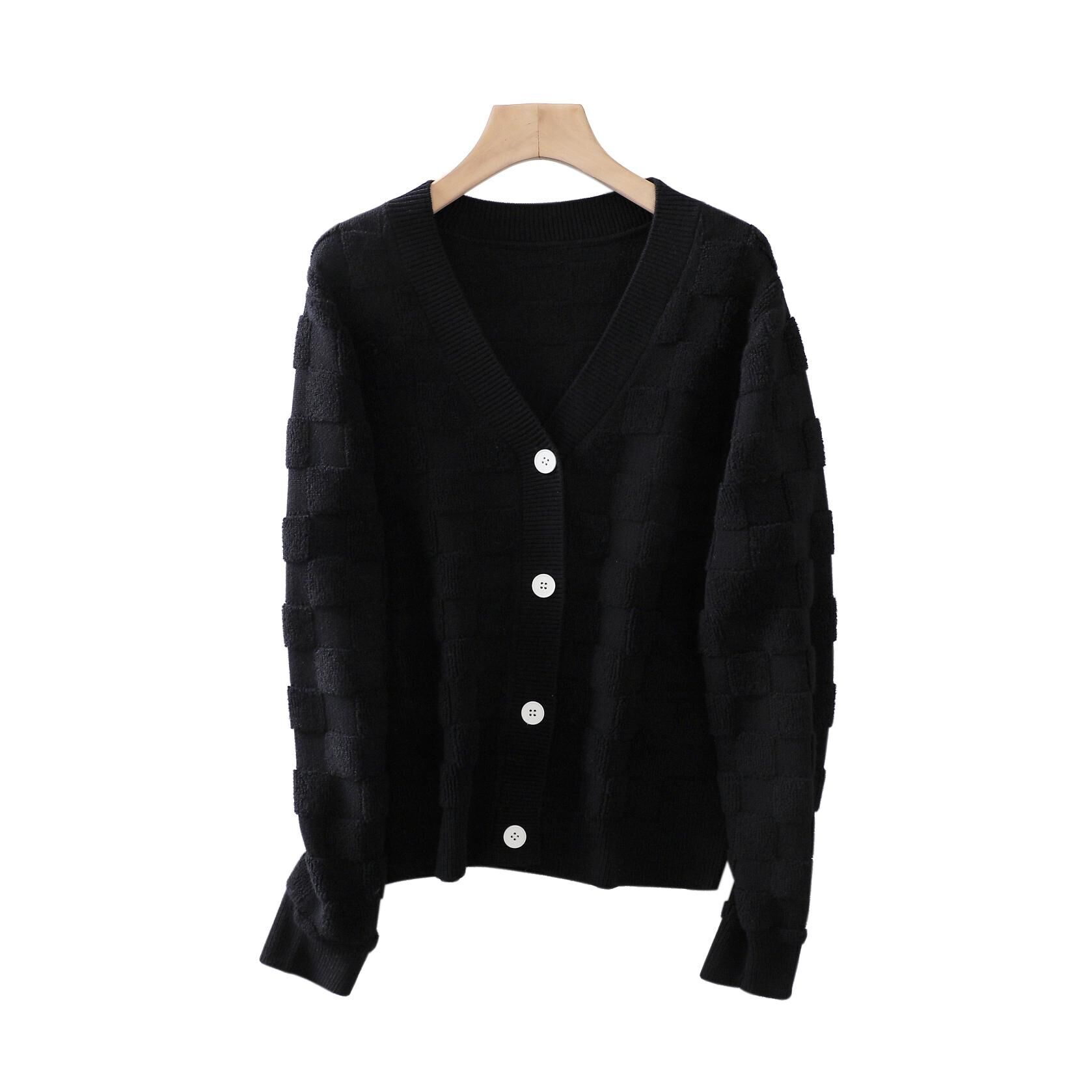 KK373-毛巾繡工藝針織外套-黑色 (C63)