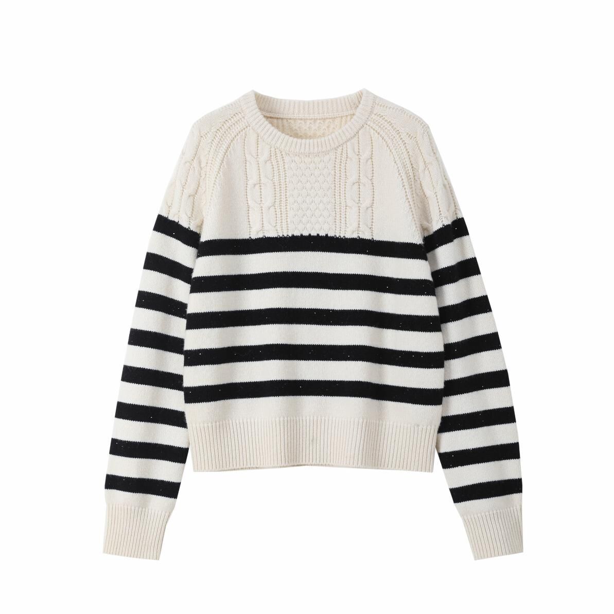 QM7021-條紋多色休閒毛衣-亮米白 (C50)