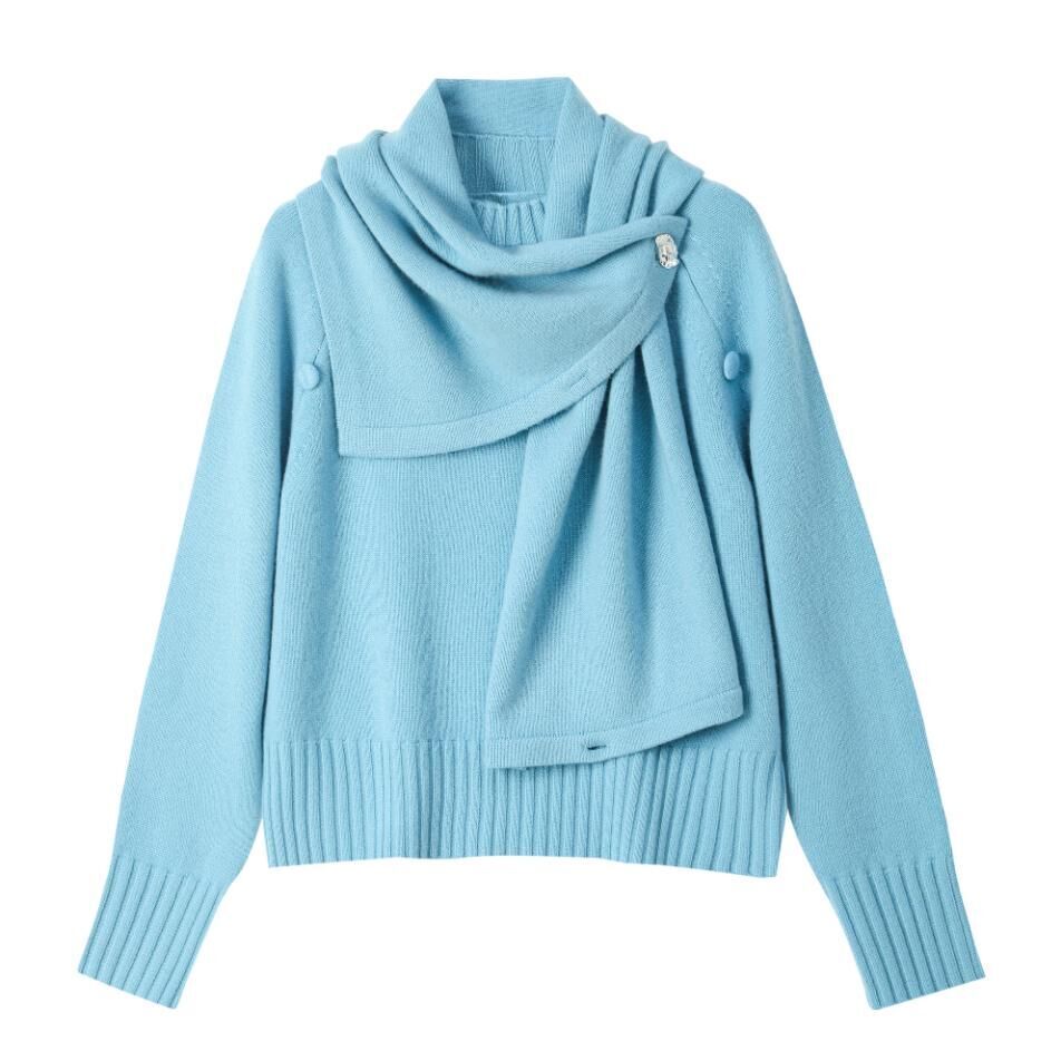 QM192-拼接圍巾休閒羊毛上衣巾-蔚藍 (C31)