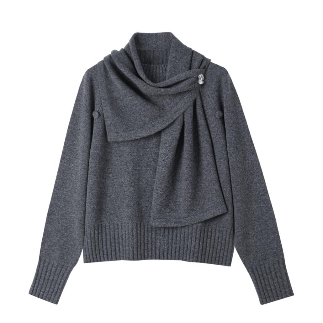 QM192-拼接圍巾休閒羊毛上衣巾-碳灰 (C30)