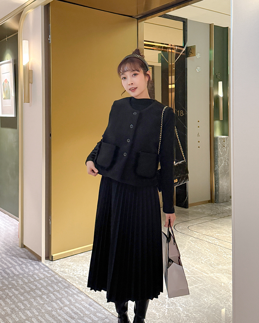 LINA LINA高貴依戀毛呢背心連身裙腰帶三件組-時髦黑