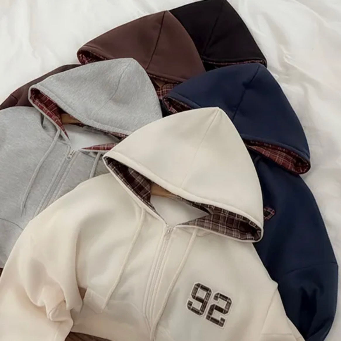 【優惠預訂】韓國92格紋連帽拉鍊外套（5色）