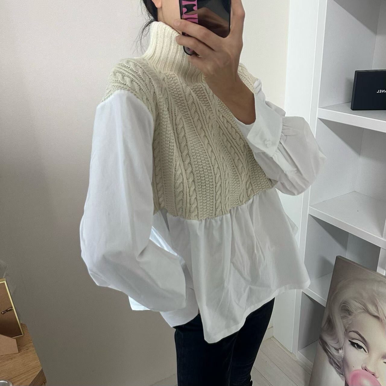 高領麻花拼傘襯衫上衣