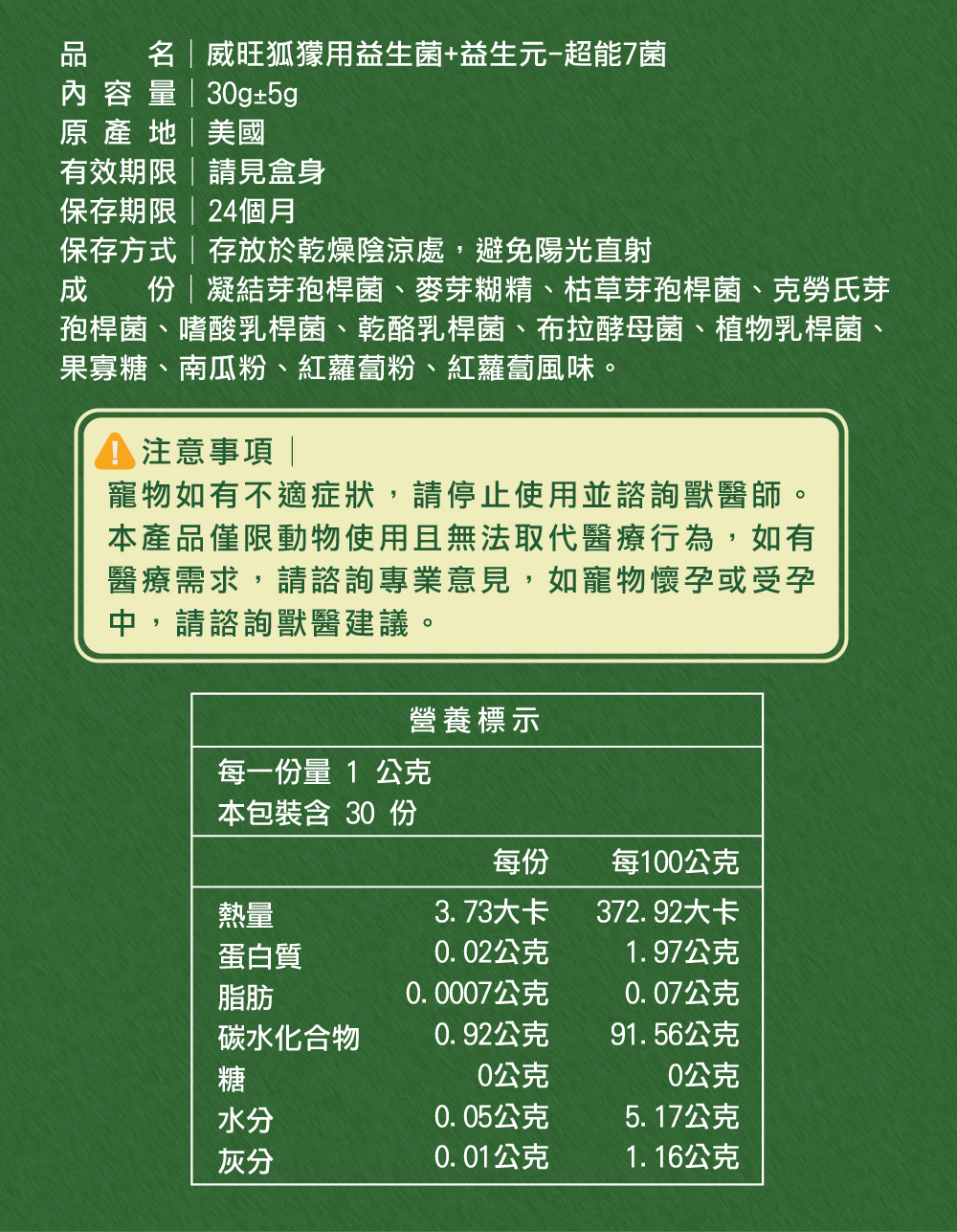 威旺WeWant 狐獴用益生菌+益生元-超能7菌30g的成分詳細說明與介紹