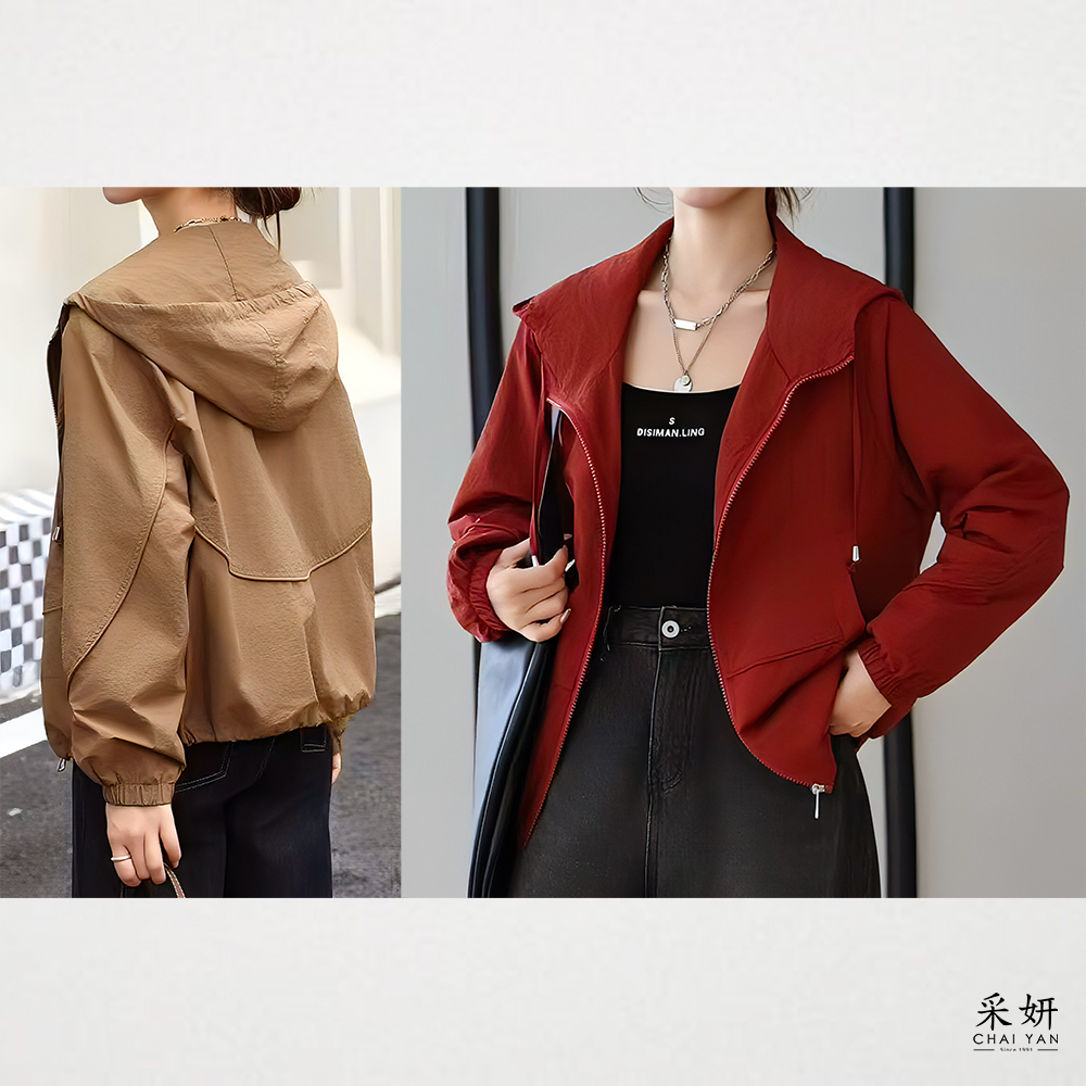 素色胸腰滾邊抽繩連帽拉鍊外套