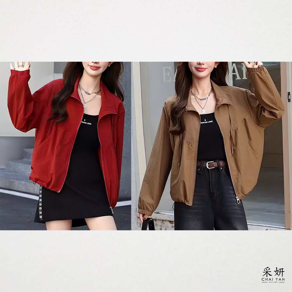 素色胸口抽皺拉鍊抽繩立領外套