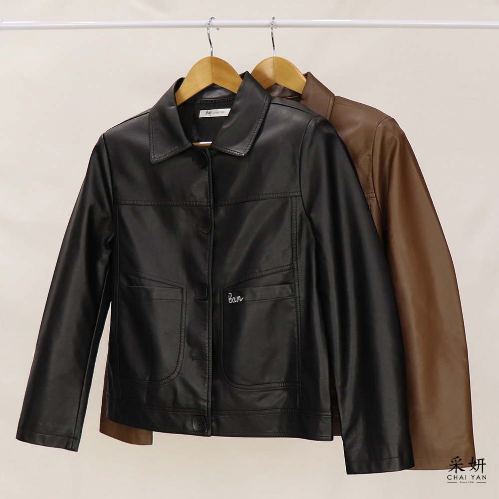 單口袋銀蔥字母刺繡軟皮革襯衫外套