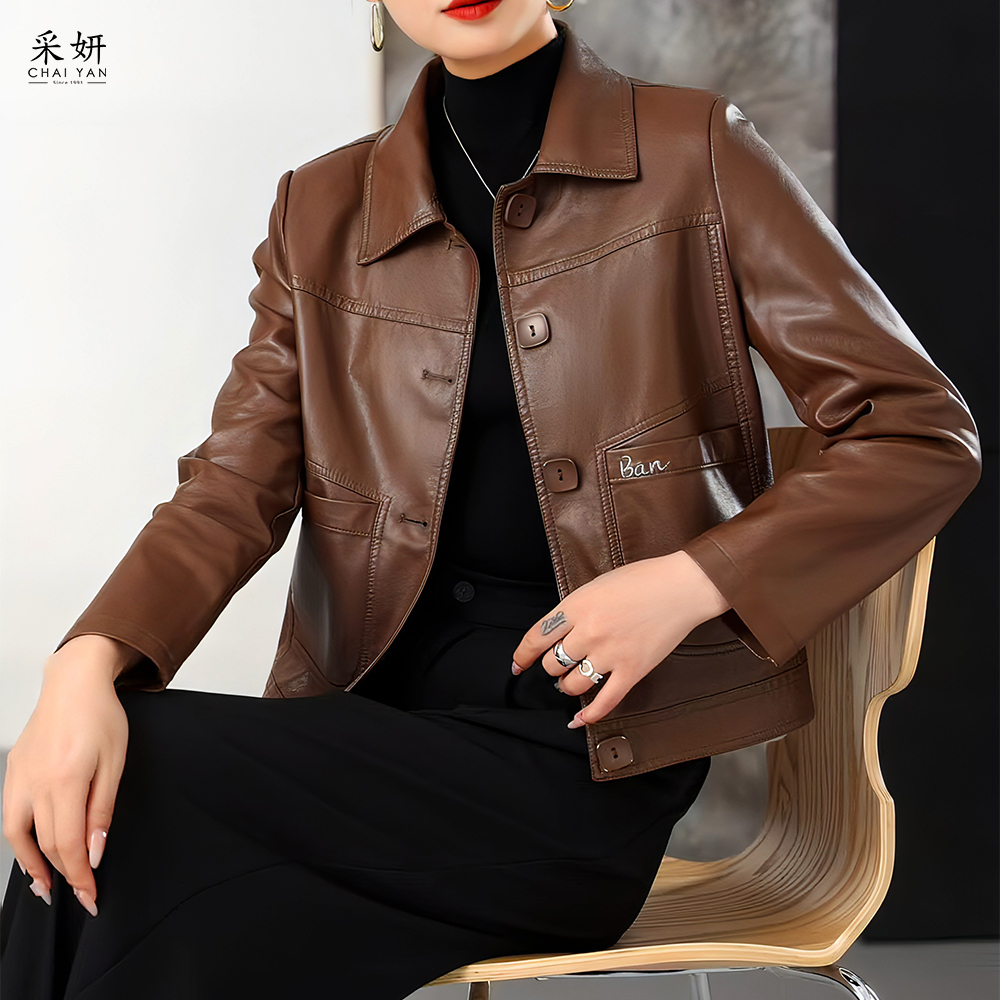 單口袋銀蔥字母刺繡軟皮革襯衫外套