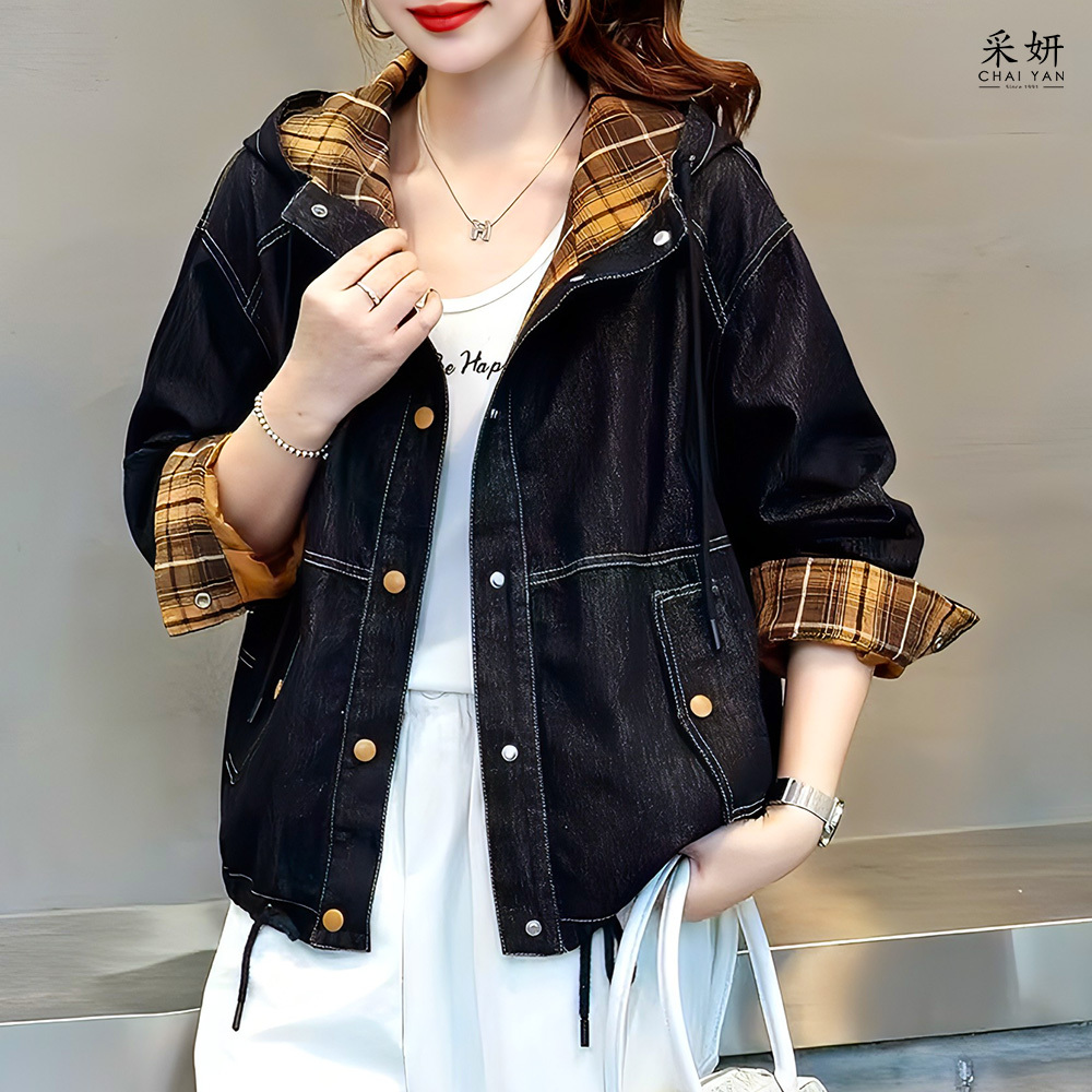 落肩跳色縫線抽繩連帽鈕扣牛仔外套