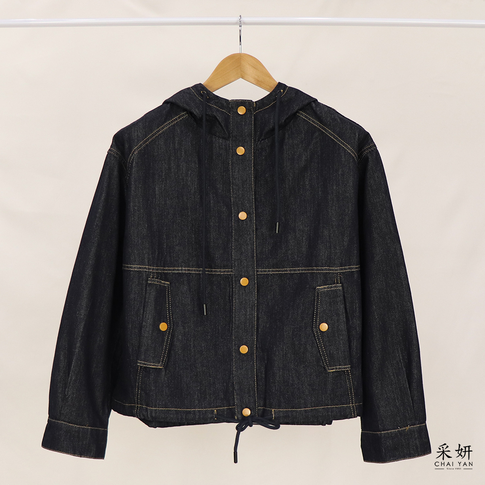 落肩跳色縫線抽繩連帽鈕扣牛仔外套