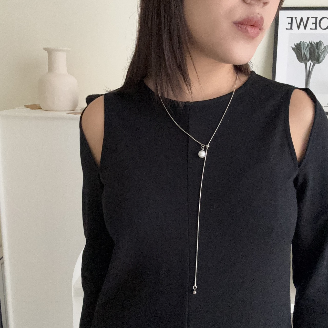 不怕水白珍珠銀球長項鍊