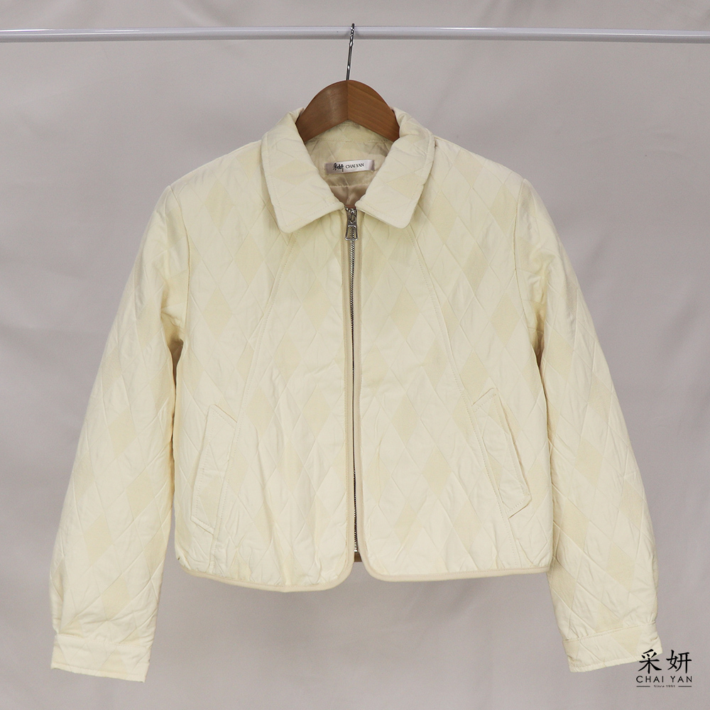 異材質菱格紋翻領拉鍊外套