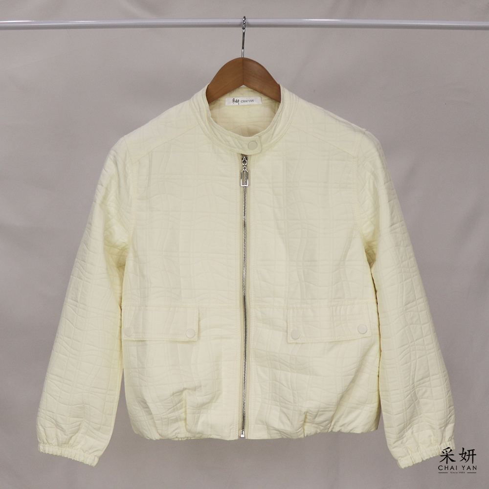 素色波浪格紋縫線拉鍊圓領長袖外套