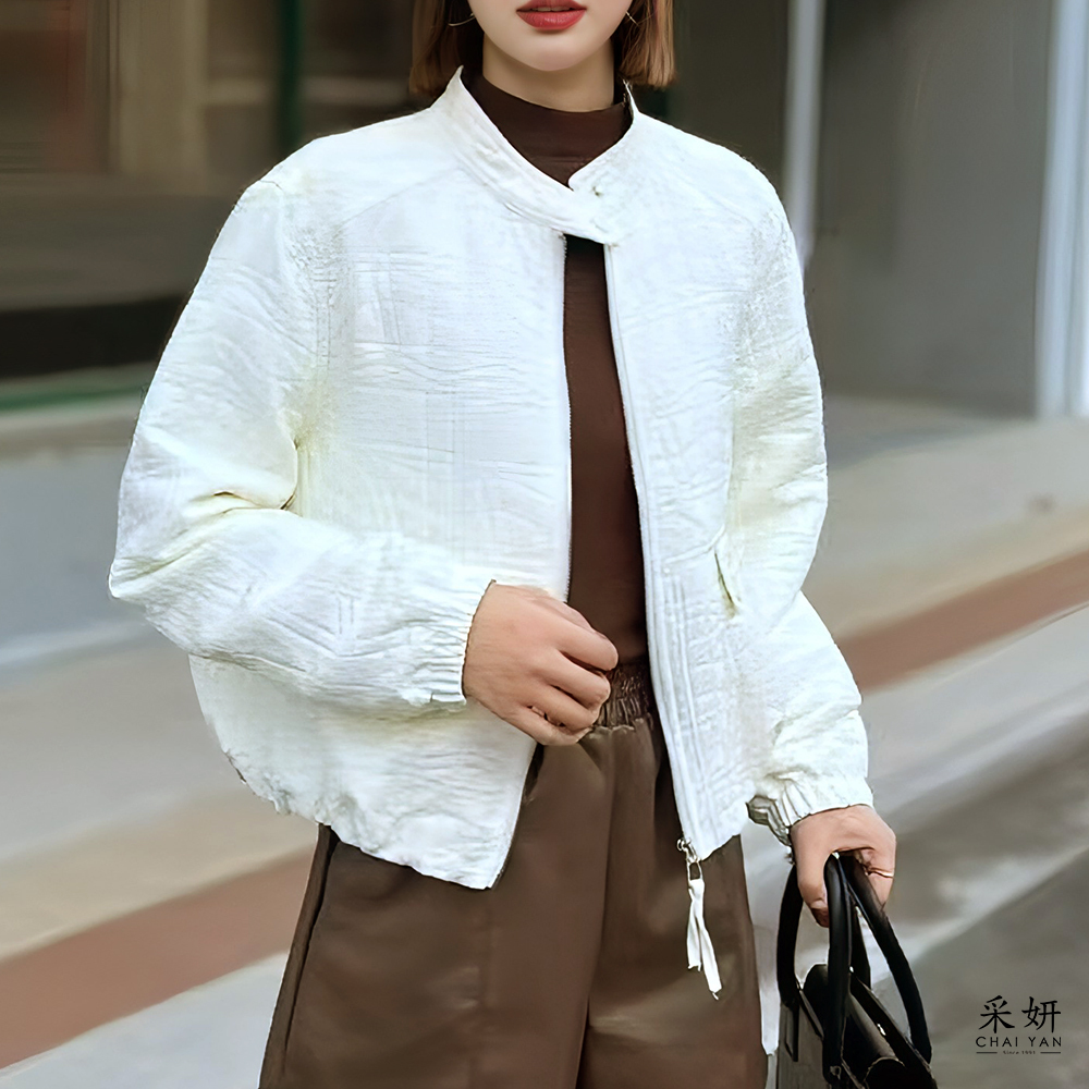 素色波浪格紋縫線拉鍊圓領長袖外套