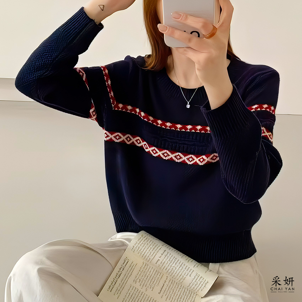 跳色圖紋銀蔥針織圓領長袖上衣