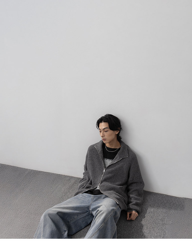 Men's casual knit outerwear with two-way zipper and textured design - grey M/L【02011197】in stock+pre-order