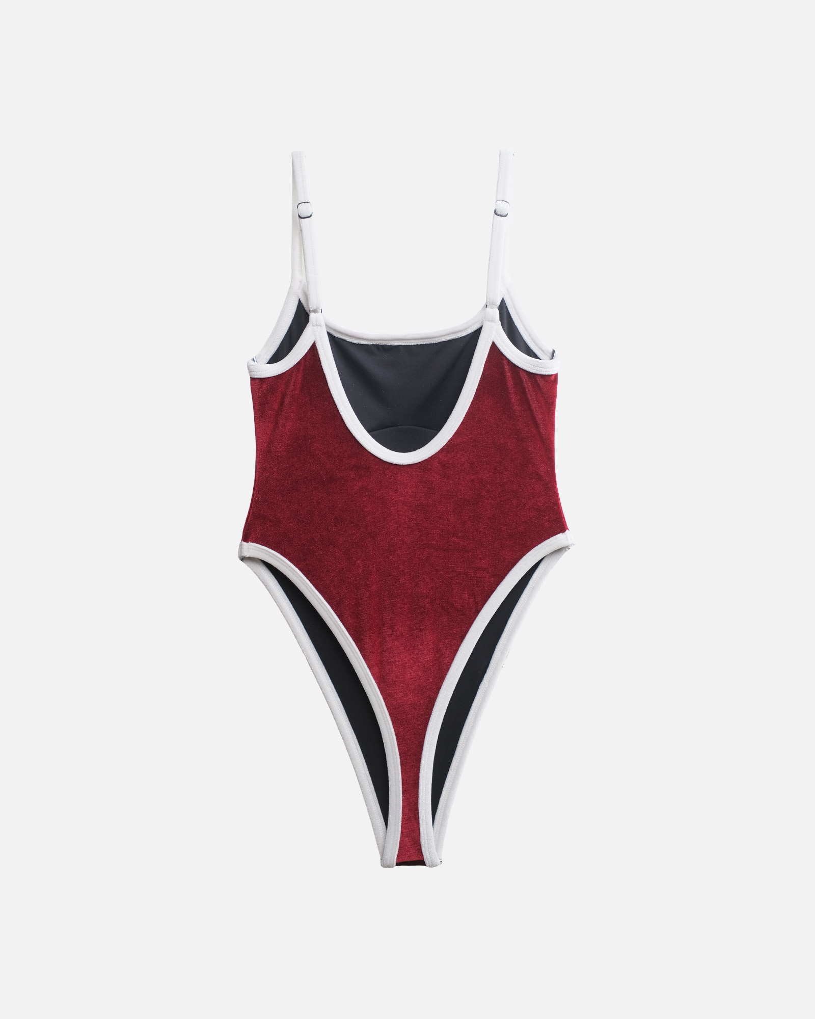 【酒紅絨x米白絨邊】ioo 細肩U領無墊高衩丁字連身泳裝