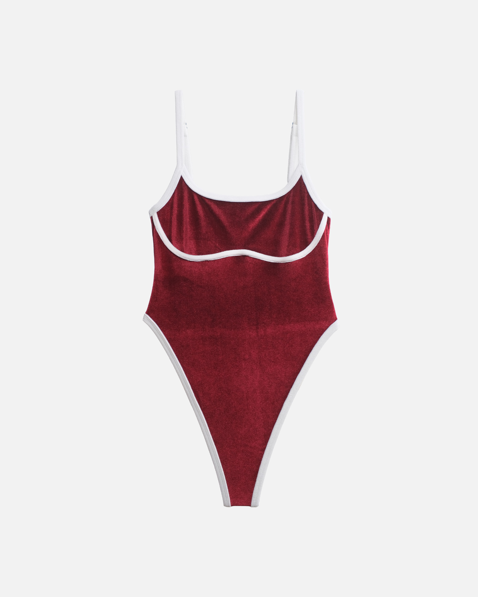【酒紅絨x米白絨邊】ioo 細肩U領無墊高衩丁字連身泳裝