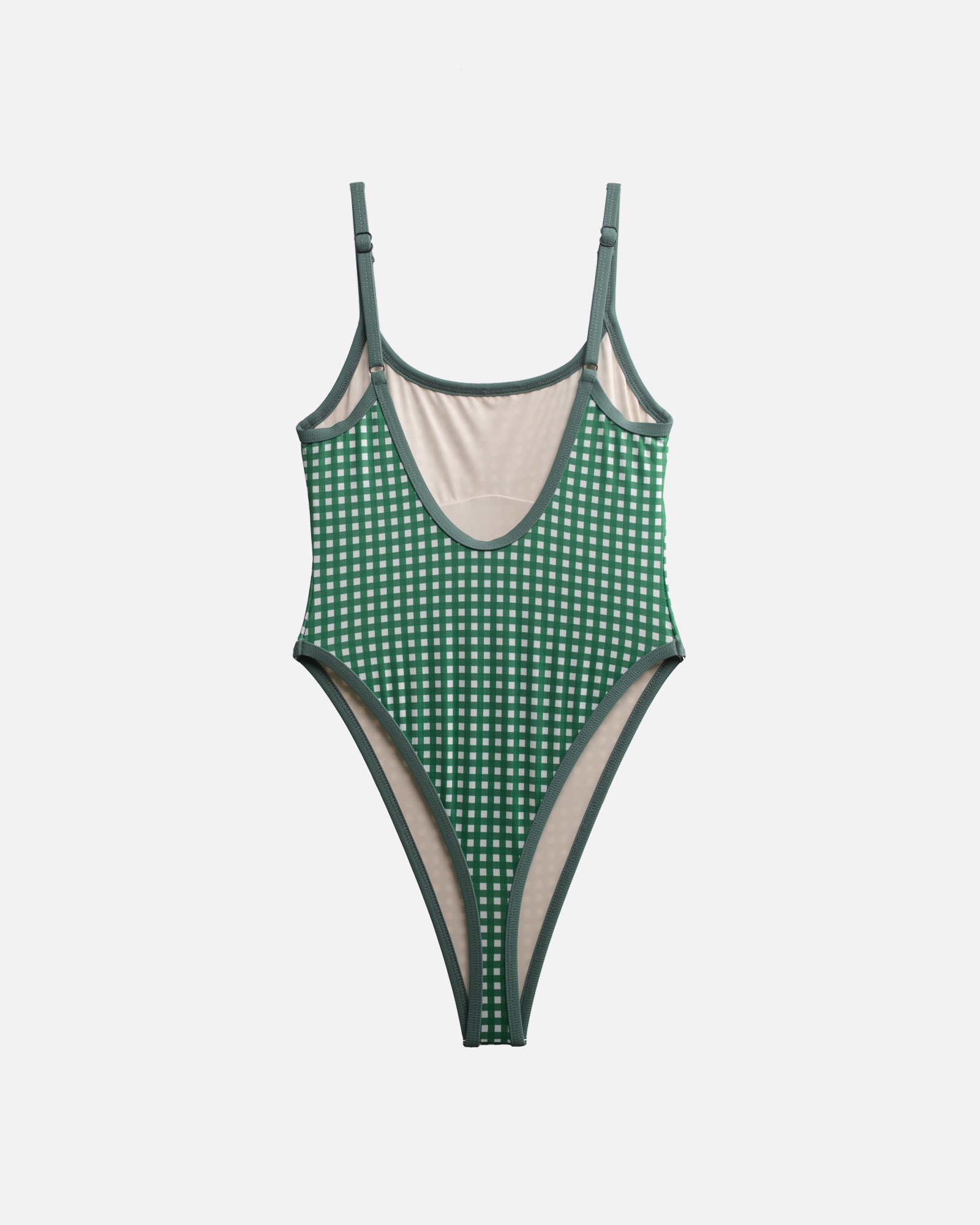 【格林綠x羅紋森林綠邊】ioo 細肩U領無墊高衩丁字連身泳裝