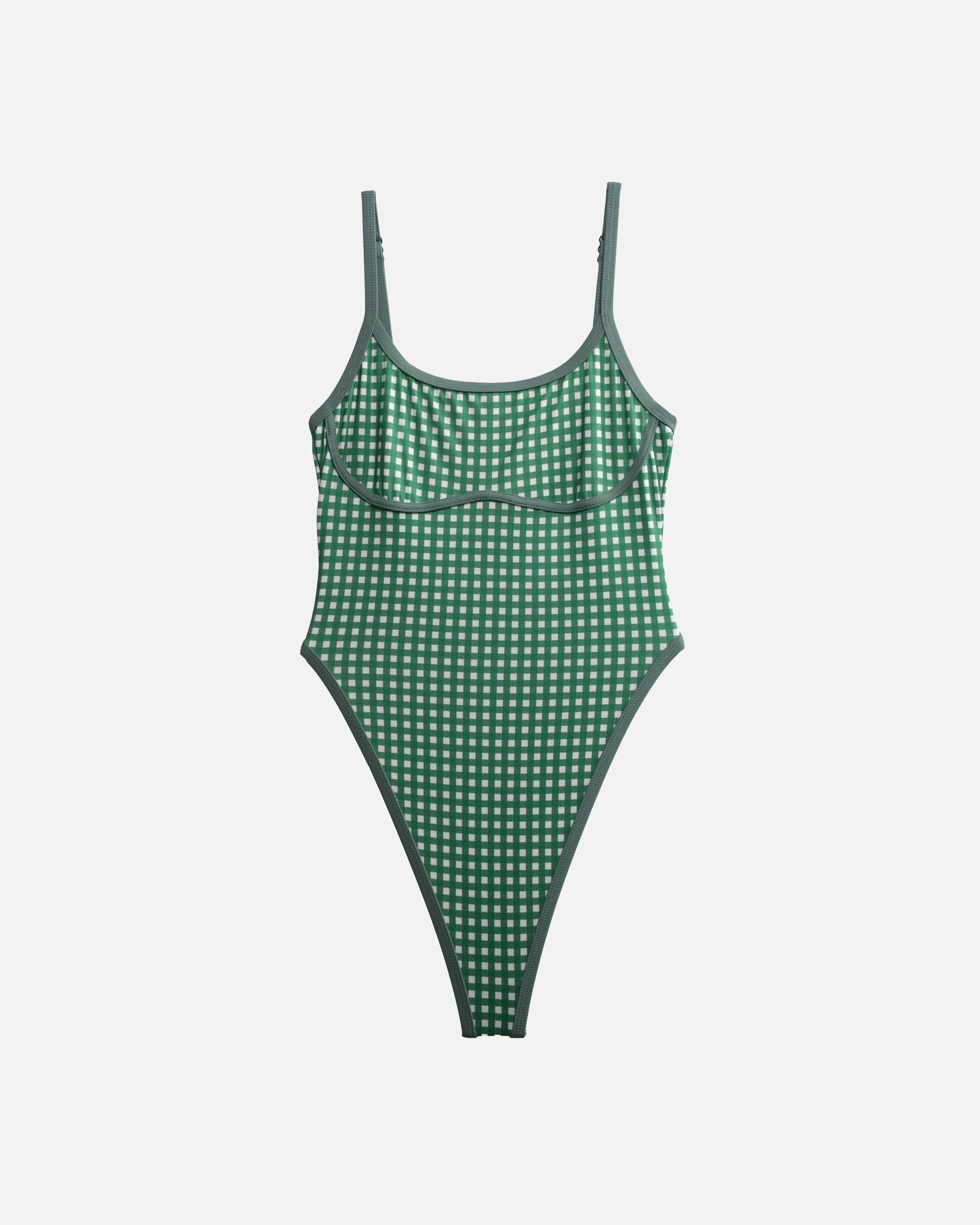 【格林綠x羅紋森林綠邊】ioo 細肩U領無墊高衩丁字連身泳裝