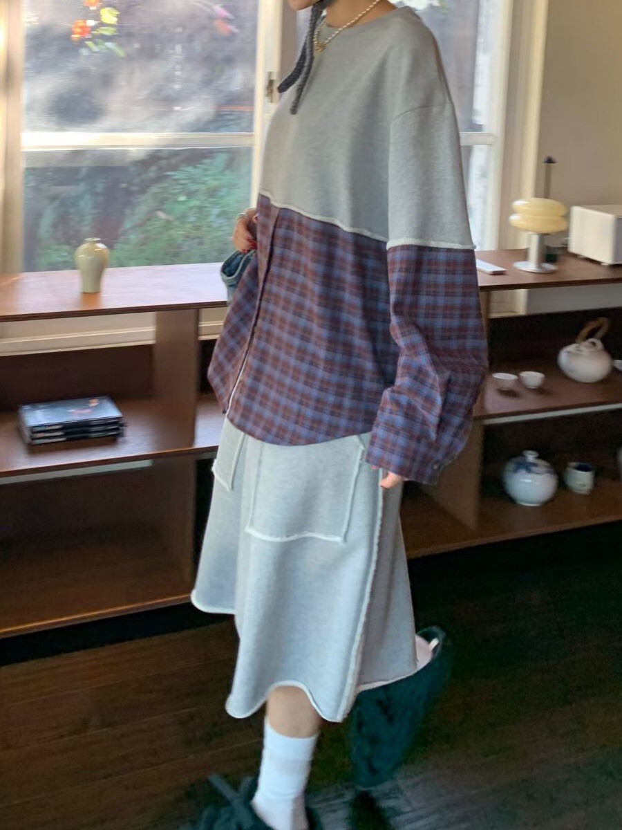 下拼接格紋襯衛衣