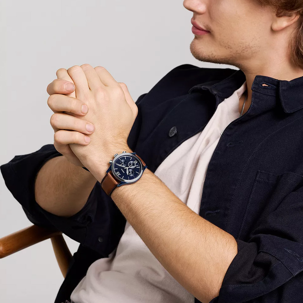 Fenmore Midsize 雅痞風格三眼計時手錶 棕色真皮錶帶 44 MM BQM2402