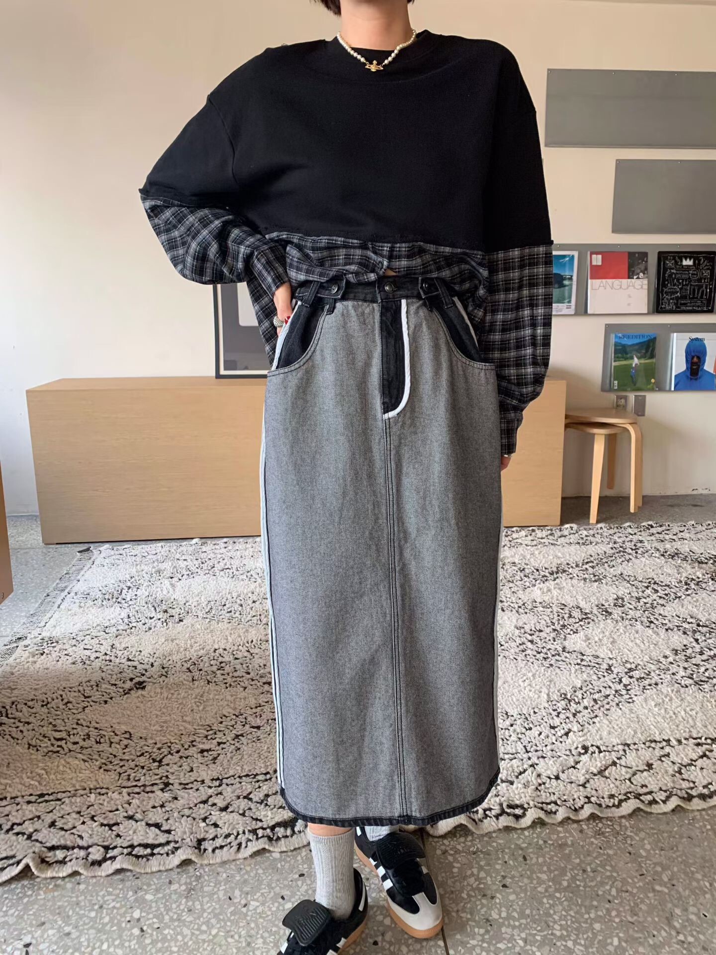 下拼接格紋襯衛衣