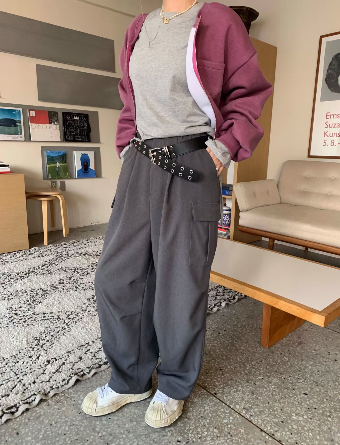 側口袋抓皺工裝西褲