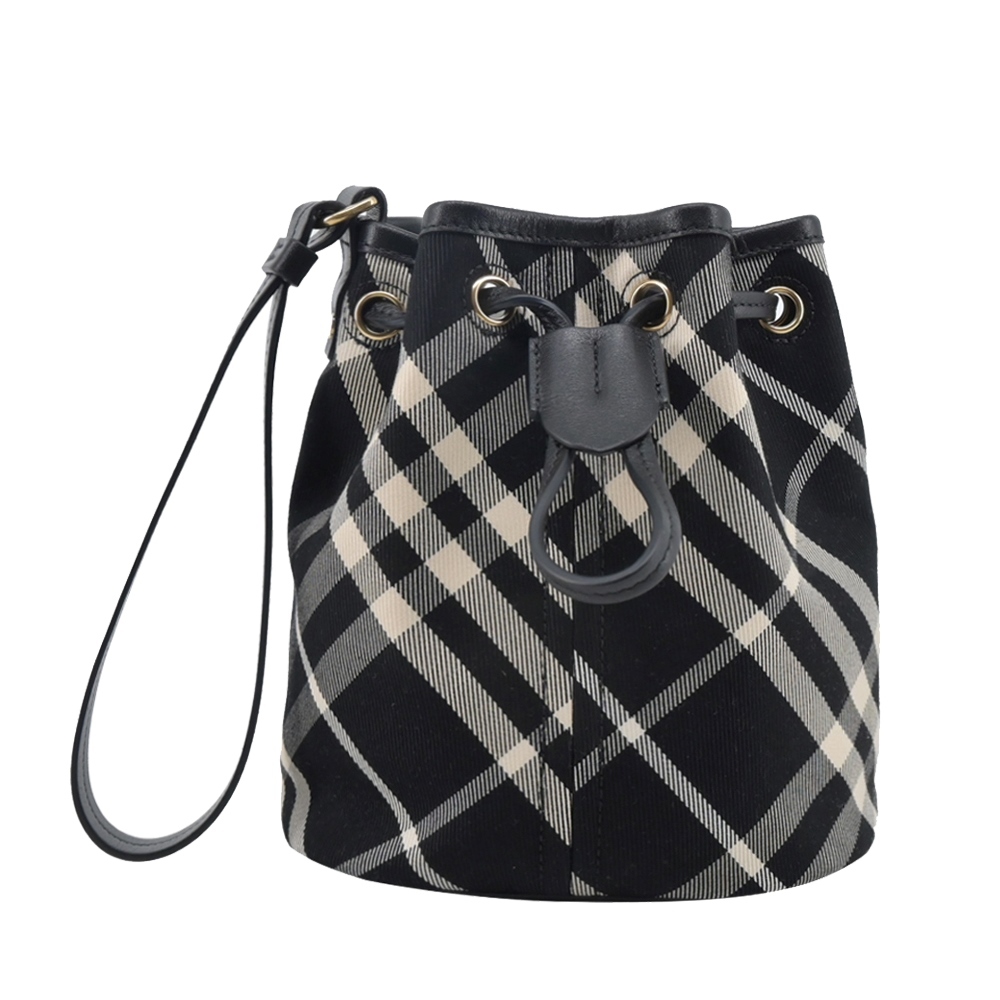 【JS’Maxx】BURBERRY 新款經典格紋抽繩束口手拿包(黑色/白布色)