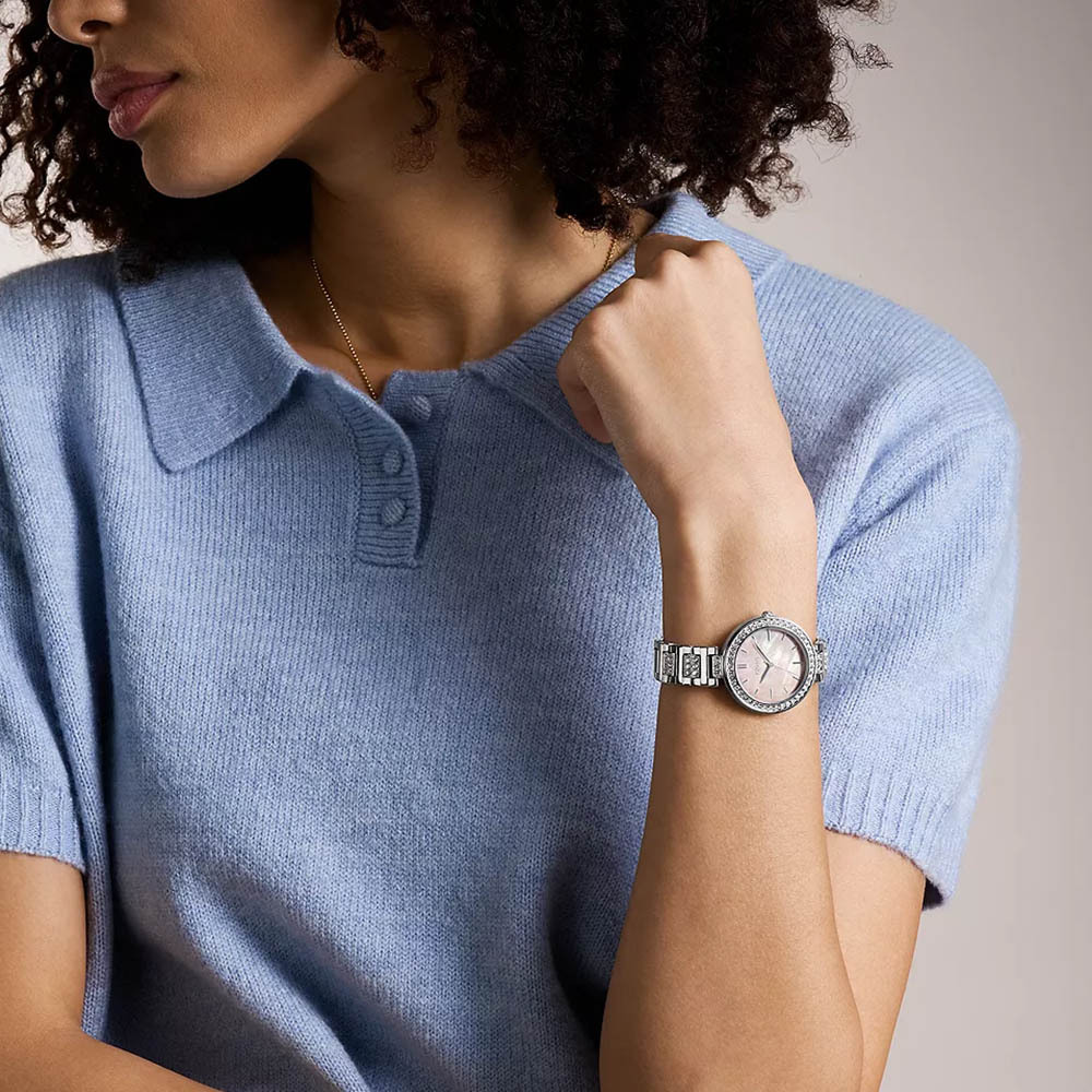 Karli 粉紅鑲鑽鍊錶 銀色不鏽鋼錶帶 32 MM BQW3182