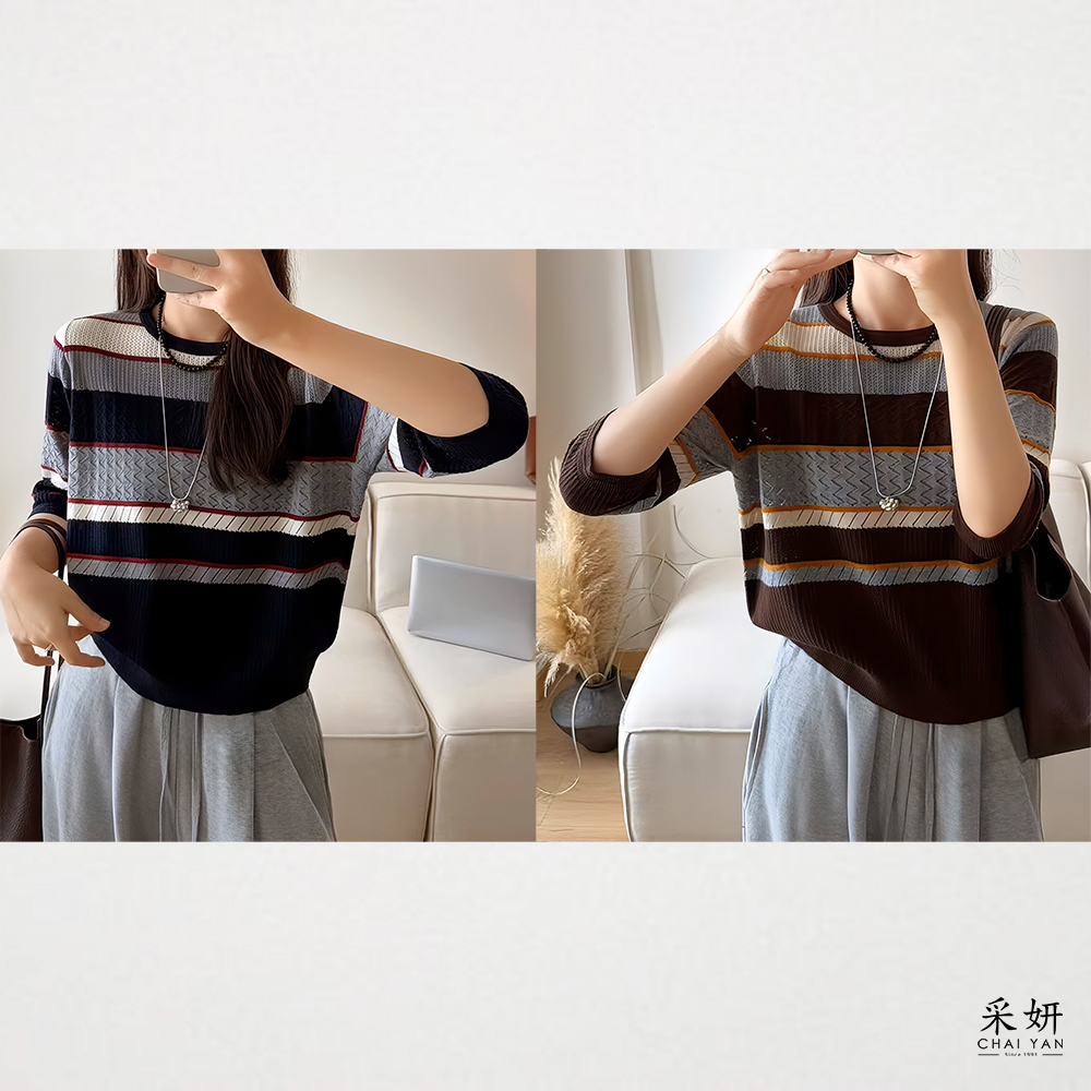 撞色拼接條紋針織圓領半袖上衣