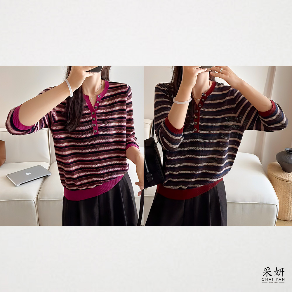 撞色拼接條紋假半排扣小V領半袖上衣