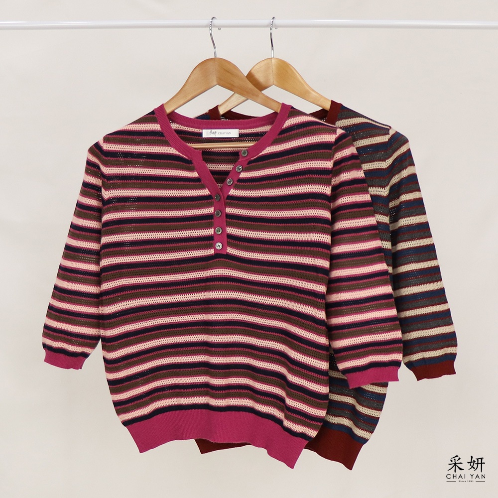 撞色拼接條紋假半排扣小V領半袖上衣