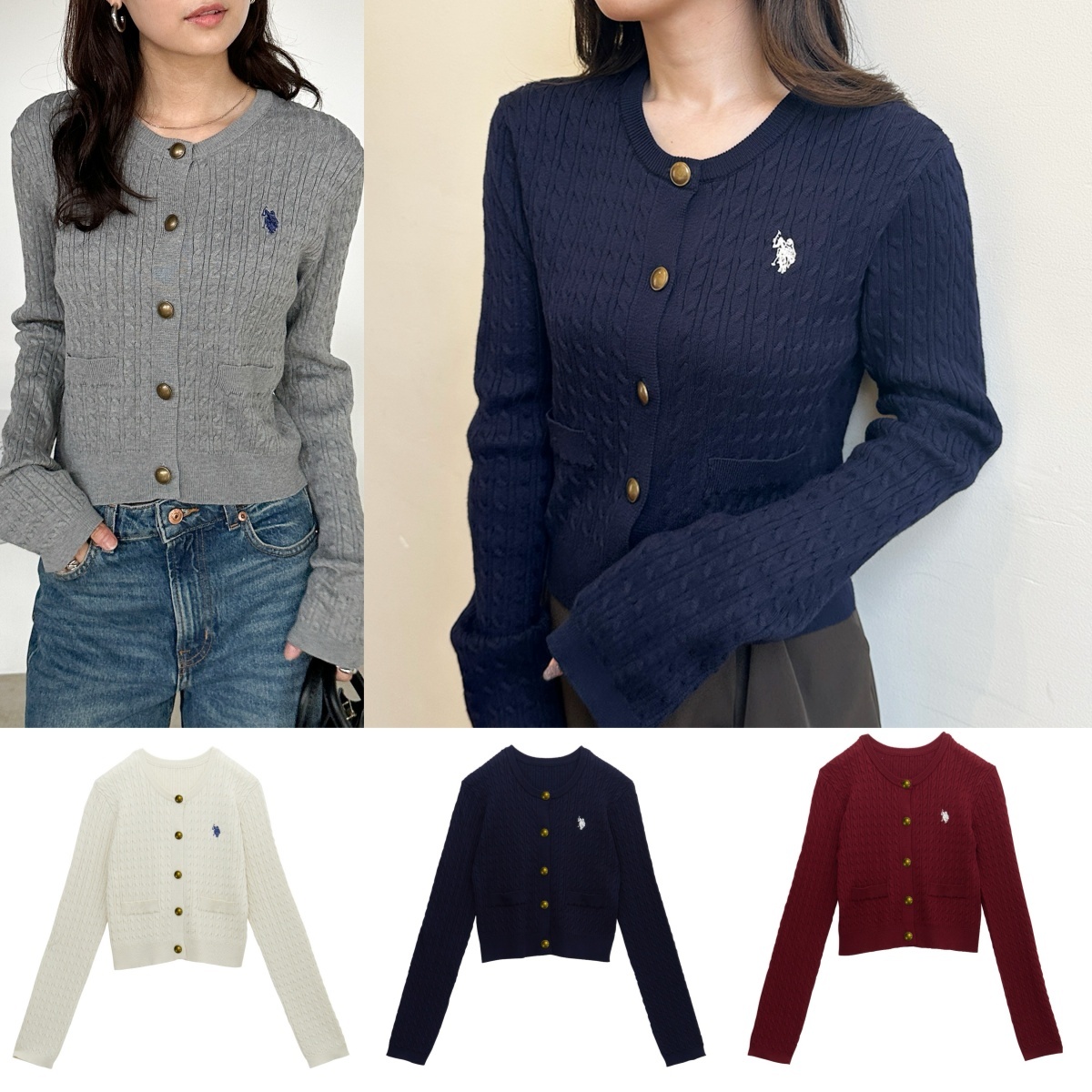 預購┃U.S. POLO ASSN. 刺繡 修身 金扣 麻花 針織 開襟 罩衫 外套