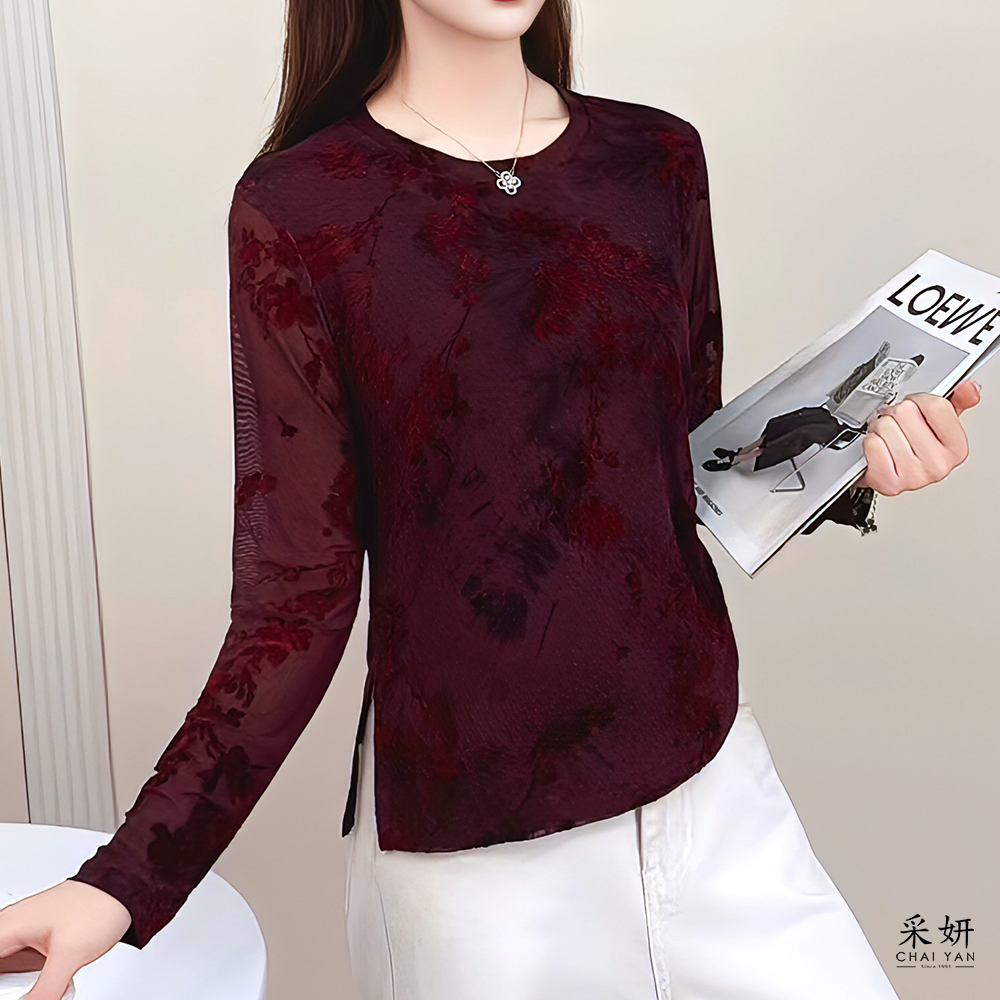 滿版植絨花朵網紗圓領長袖上衣