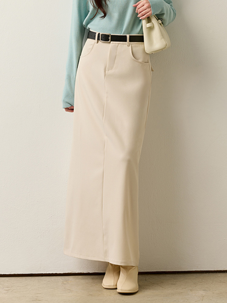 OH！HER 簡約後開衩高腰A字裙（附腰帶）