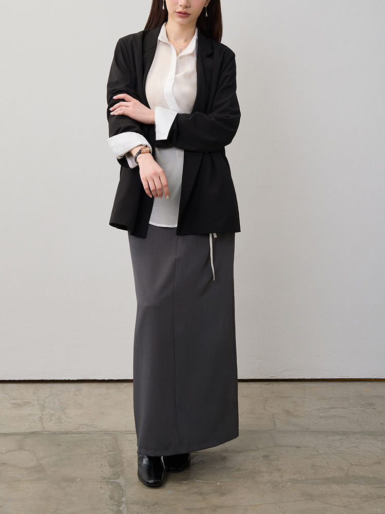 OH！HER 簡約後開衩高腰A字裙（附腰帶）