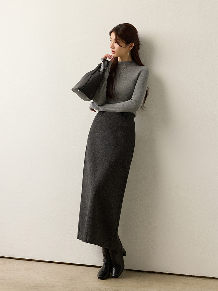 2603 裝飾口袋後開衩毛呢長裙（50%羊毛）