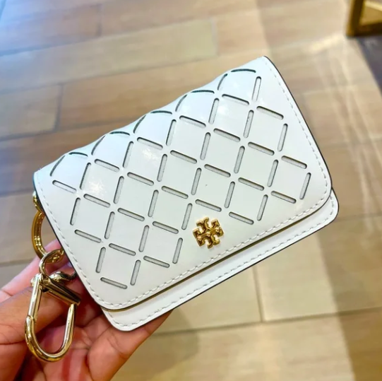 PS88 Tory Burch 171610 Emerson Perforated Flap Card Case 525 Optic White / 137