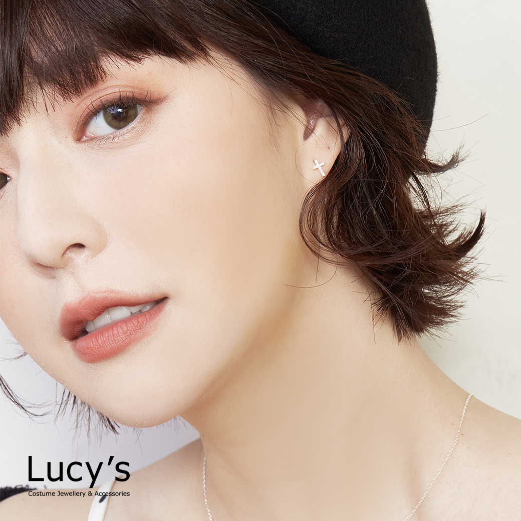 925純銀 微鑽十字架 轉珠耳環 (128208)