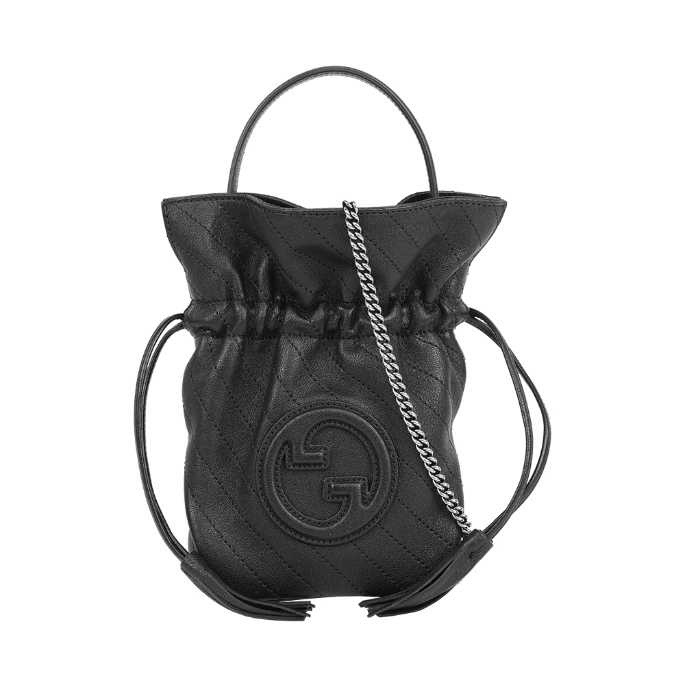 【GUCCI】Blondie 縫線皮革束口迷你水桶包(黑色)