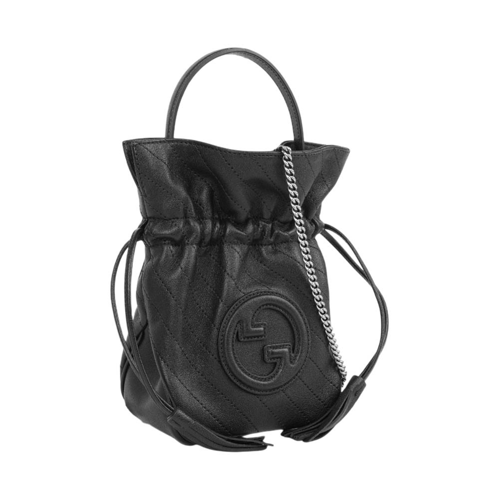 【GUCCI】Blondie 縫線皮革束口迷你水桶包(黑色)