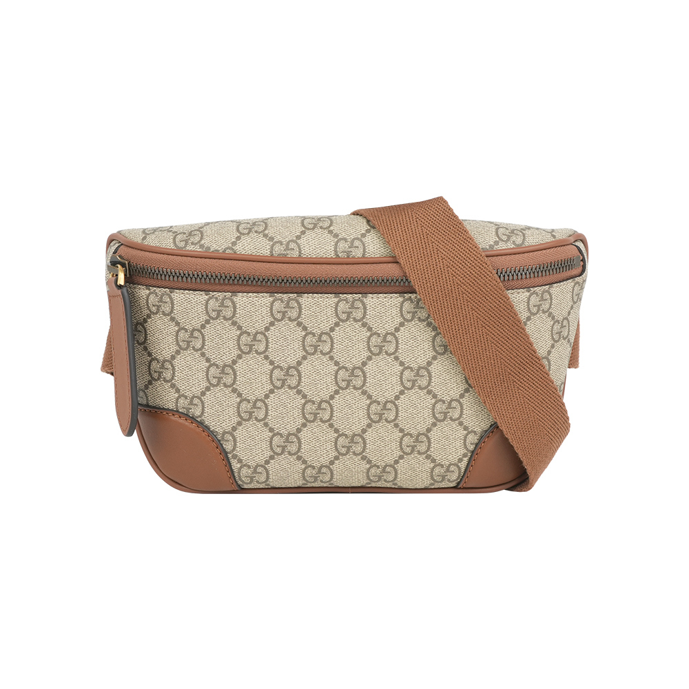 【GUCCI】GG Emblem 塗層帆布及皮革腰包/胸口包(烏木/深棕色)