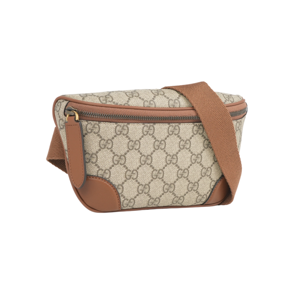 【GUCCI】GG Emblem 塗層帆布及皮革腰包/胸口包(烏木/深棕色)