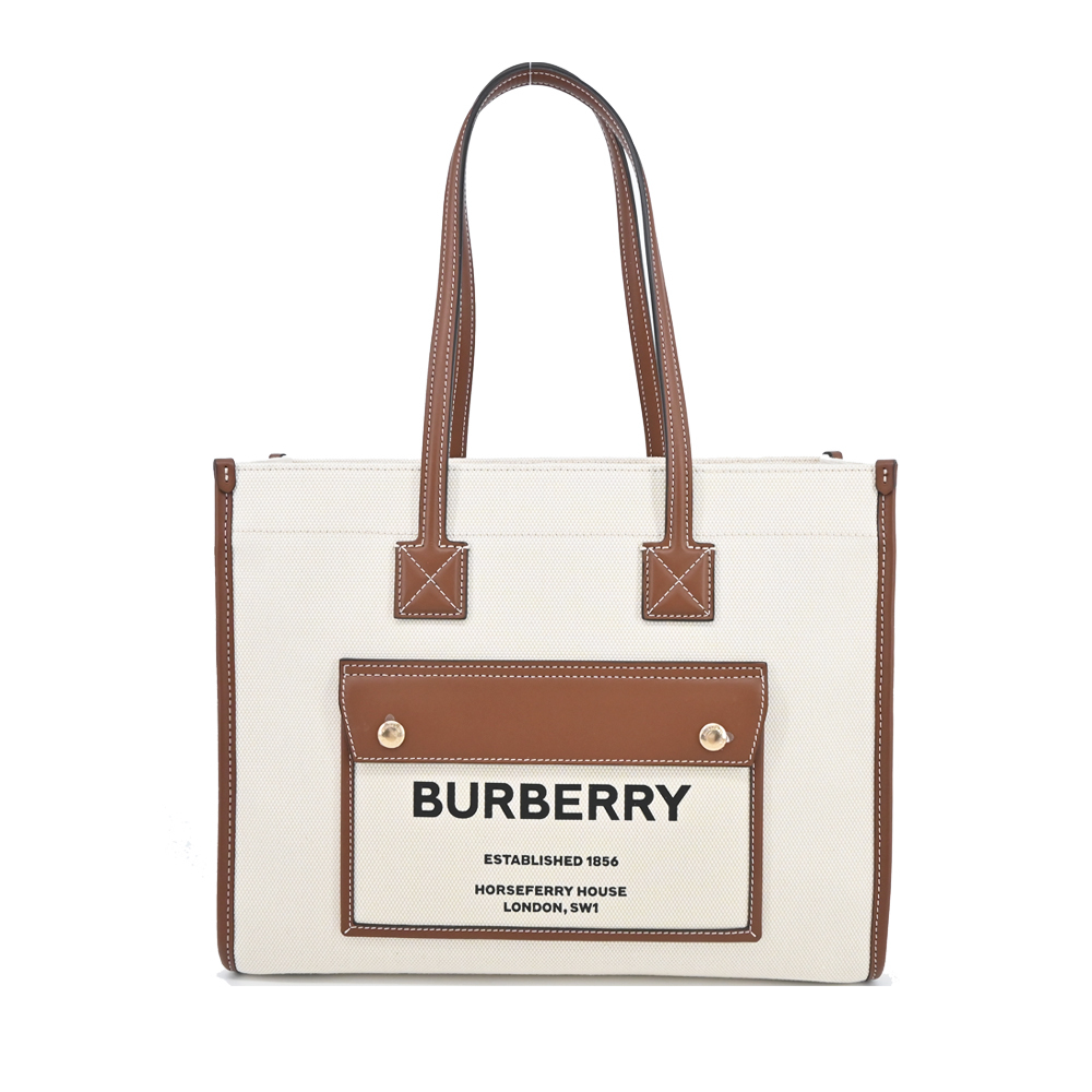 【JS’Maxx】BURBERRY 新款 Freya 帆布拼接皮革小型手提/肩背包(自然色／棕褐色)