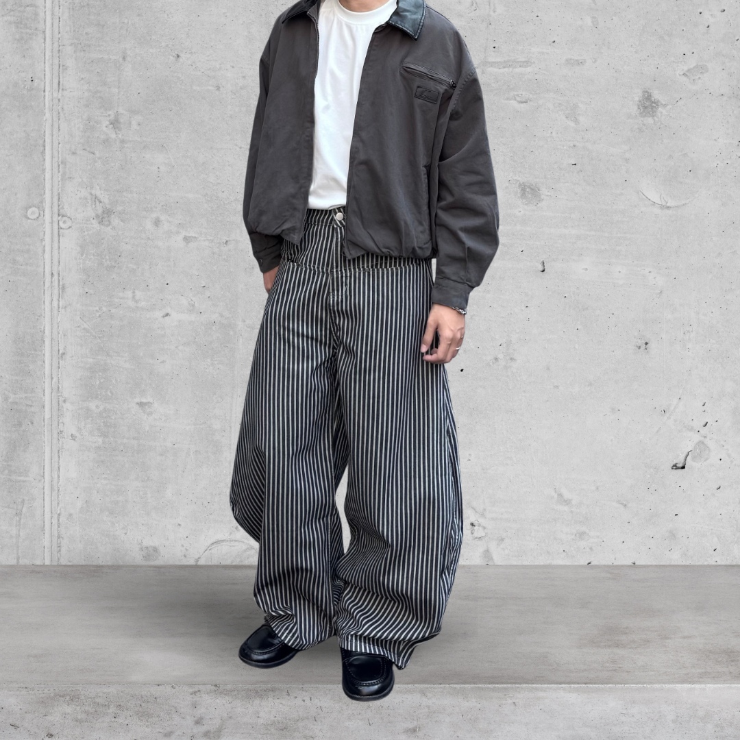 （現貨）P056 街頭 條紋 拼接 前插式大口袋 彎刀褲
