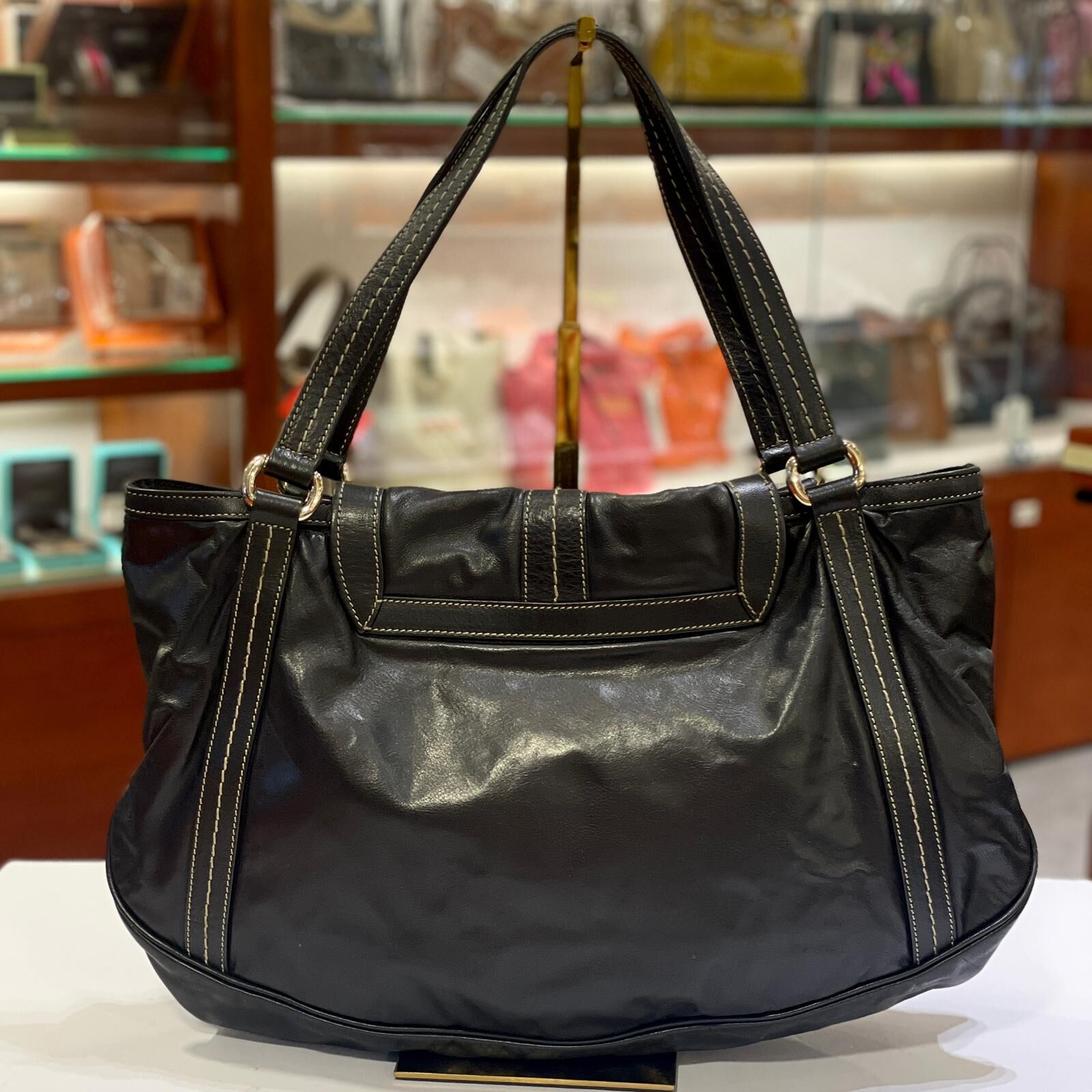 95%NEW二手GUCCI TOTE BAG, 黑色牛皮配蝴蝶結啪鈕, 古奇單肩袋, #香榭站正品