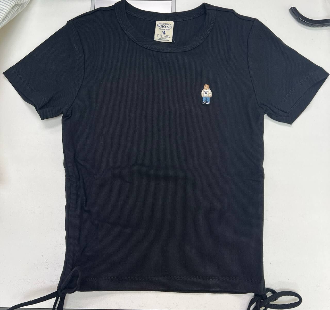 [S] WHO.A.U BLACK STEVE RIBBED SHIRRING T-SHIRT, WHRAF2451F-BLACK (SWAU573)