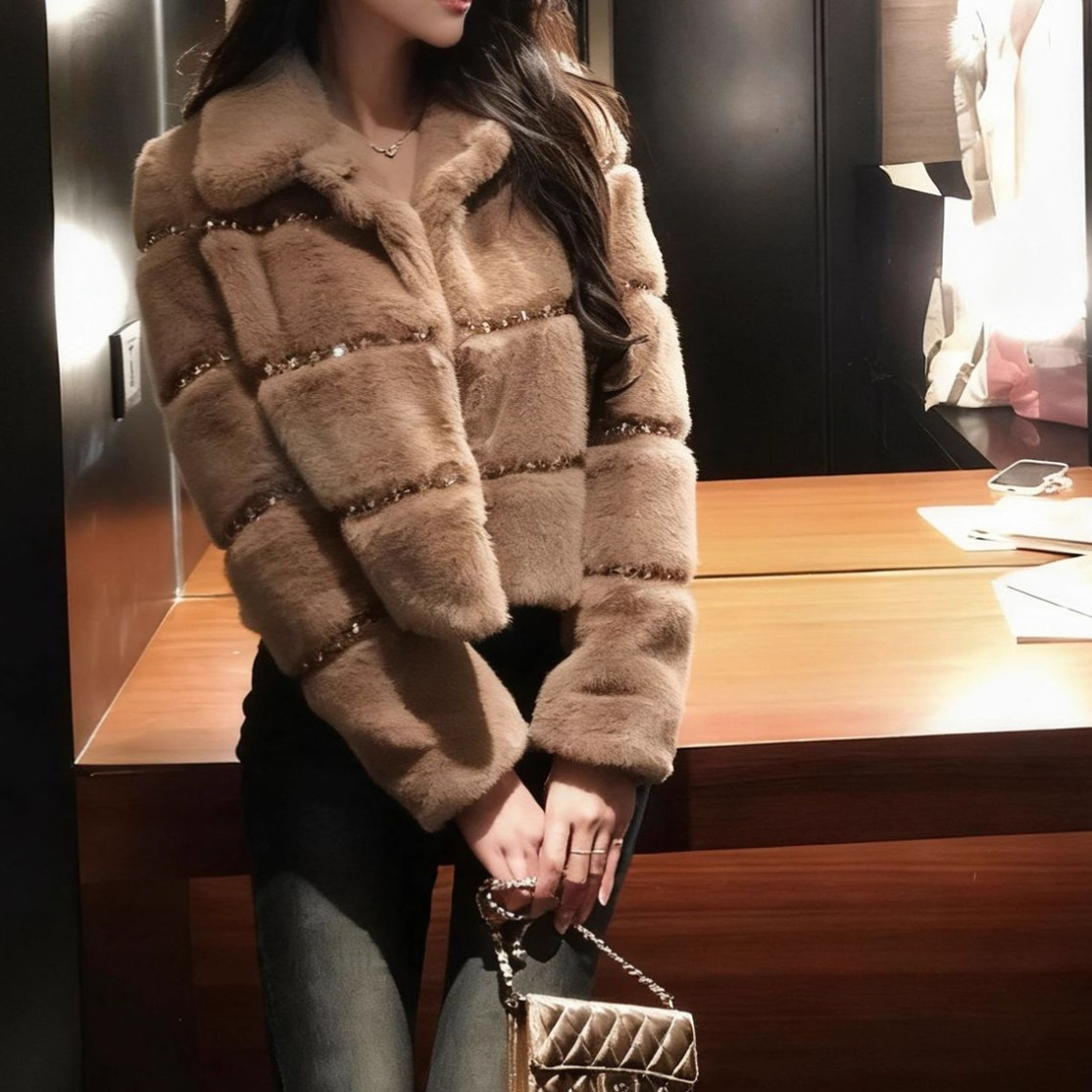 水貂皮草 水鑽串珠毛毛外套(黑/咖)