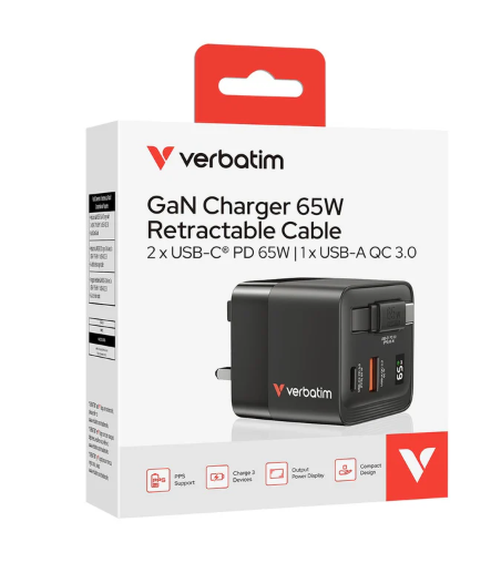 Verbatim | 65W GaN 充電器連伸縮 USB-C 充電線